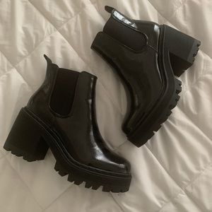 Chunky Black Patent Cleated Sole Chelsea Boots